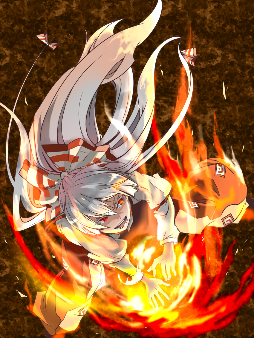 :d bad_id bad_pixiv_id colored_eyelashes fire fujiwara_no_mokou hair_ribbon highres ko-&gt;u long_hair open_mouth red_eyes ribbon silver_hair smile solo touhou v-shaped_eyebrows white_hair