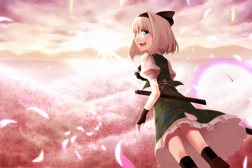 bad_id bad_pixiv_id black_hairband blue_eyes cherry_blossoms fingerless_gloves flying gloves hairband konpaku_youmu konpaku_youmu_(ghost) looking_back open_mouth oyaji-sou petals short_hair smile solo sunlight touhou white_hair