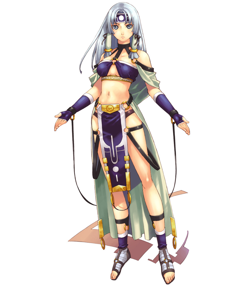 bandages bangs bare_shoulders breasts cleavage_cutout dress fingerless_gloves frown gloves hair_ornament hair_tubes hands headband highres hirano_katsuyuki jewelry legs loincloth long_hair lu_fey medium_breasts midriff navel official_art parted_bangs sandals silver_eyes silver_hair simple_background solo spectral_(series) spectral_souls standing strap toes underboob white_background wristband