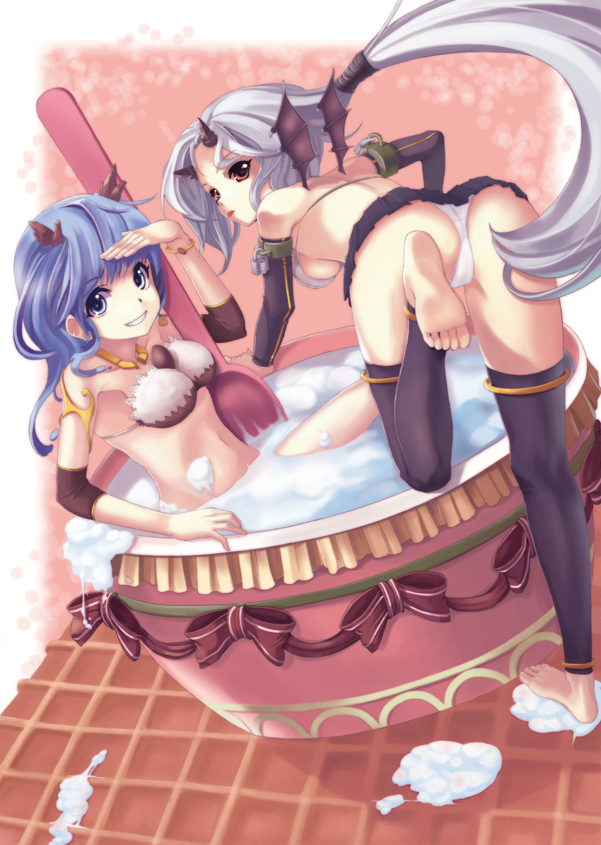 anklet arm_cuffs ass barefoot bat_wings blue_eyes blue_hair breasts brown_eyes christinya covered_nipples demon_girl detached_sleeves feet food highres horns ice_cream in_food jewelry legs lock long_hair looking_back medium_breasts minigirl multiple_girls necklace original oversized_object padlock panties silver_hair skirt soles spoon thigh_strap thighhighs underboob underwear wings