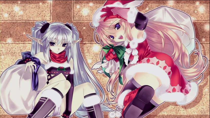 agarest_senki agarest_senki_(series) christmas ellis_(agarest_senki) fyuria_(agarest_senki) highres hirano_katsuyuki multiple_girls pink_hair pointy_ears silver_hair thighhighs twintails