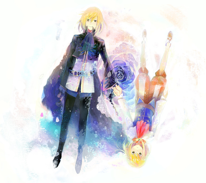 bad_id bad_pixiv_id blonde_hair brown_eyes cape cogiku dual_persona male_focus multiple_boys richard_(tales) rotational_symmetry tales_of_(series) tales_of_graces upside-down younger