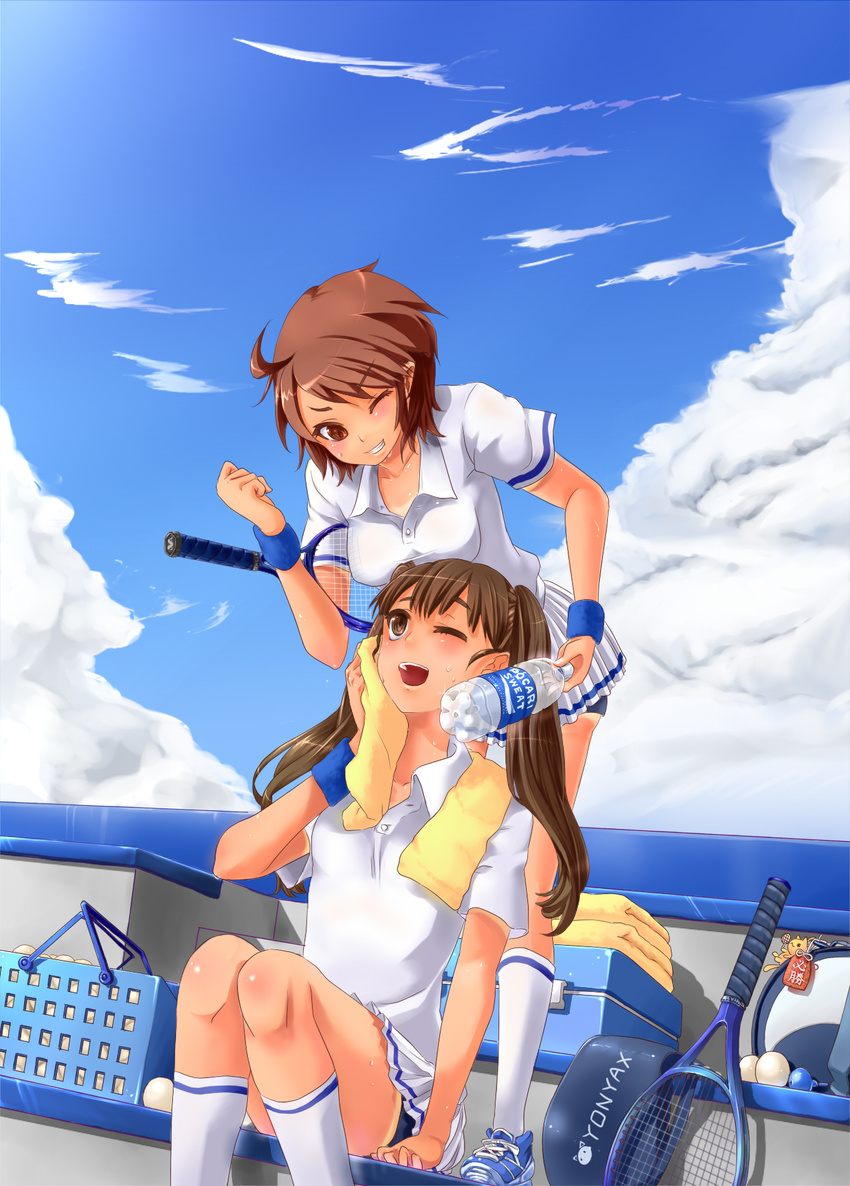 ahoge blush bottle brown_hair cloud day highres kazane_chinya long_hair multiple_girls one_eye_closed original pocari_sweat racket short_hair skirt sky sportswear sweat teeth tennis tennis_racket tennis_uniform twintails