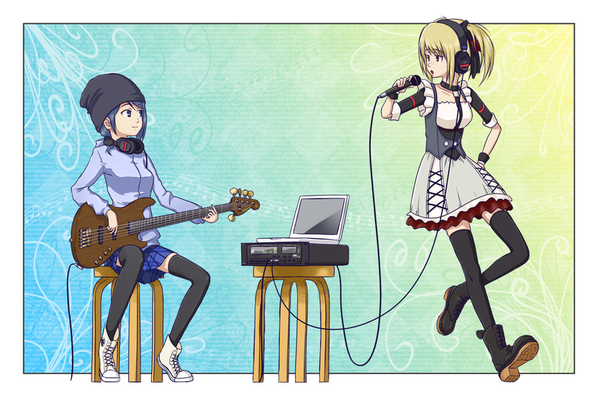 bass_guitar black_legwear blonde_hair blue_eyes blue_hair boots choker computer dress guitar hair_ornament hairclip hat headphones hood hoodie idolmaster idolmaster_dearly_stars instrument laptop leg_lift microphone mizutani_eri multiple_girls open_mouth plaid puton red_eyes short_hair sitting skirt smile stool suzuki_ayane thighhighs twintails zettai_ryouiki