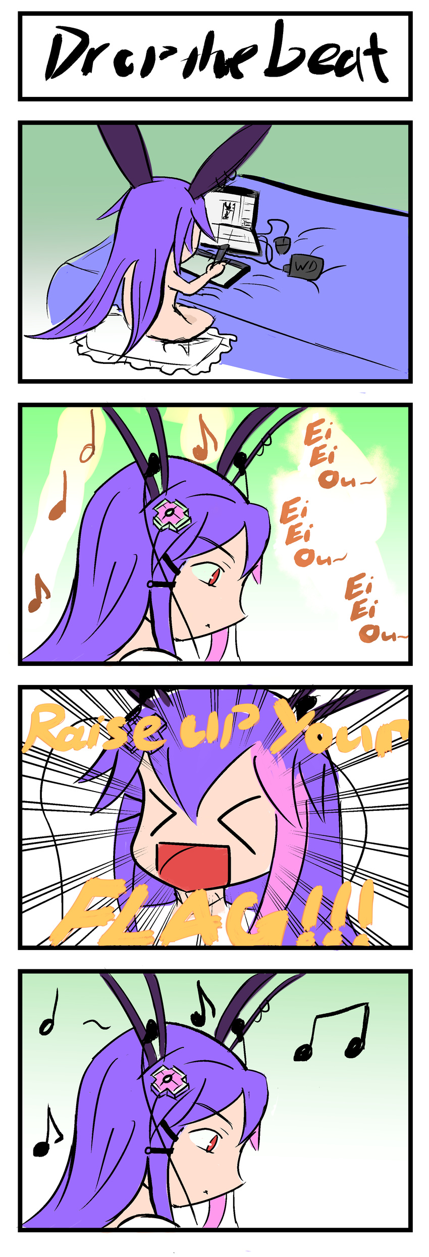 &gt;_&lt; 4koma :d absurdres animal_ears artist_self-insert aura_kingdom beamed_eighth_notes bunny_ears chibi closed_eyes comic computer earphones eighth_note hair_ornament hairclip highres hoshino_aoi_(la_huynh_hai_than) laptop musical_note open_mouth pillow quarter_note smile stylus wacom working xd