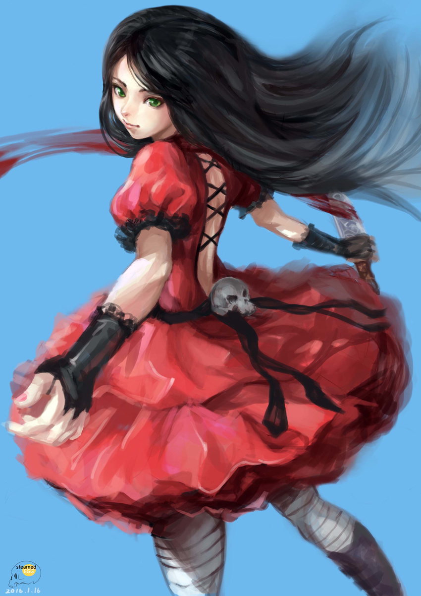 1girl alice:_madness_returns alice_in_wonderland alice_liddell american_mcgee's_alice american_mcgee's_alice black_hair boots bridal_gauntlets green_eyes knife long_hair red_dress skull solo steamed_egg striped_legwear thighhighs