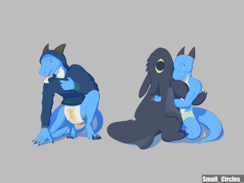 anthro barefoot biped clothed clothing crouching diaper digitigrade eyebrows feces front_view hoodie horn humanoid_hands kobold looking_at_viewer messy_diaper multiple_scenes plushie scalie scat simple_background sitting smallcircles soiling solo topless urine watersports wet_diaper wetting