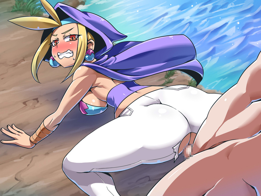 blonde_hair blush brown_eyes cape censored clothed_sex earrings from_behind jewelry looking_back shantae sky_(shantae) torn_clothes vaginal wayforward