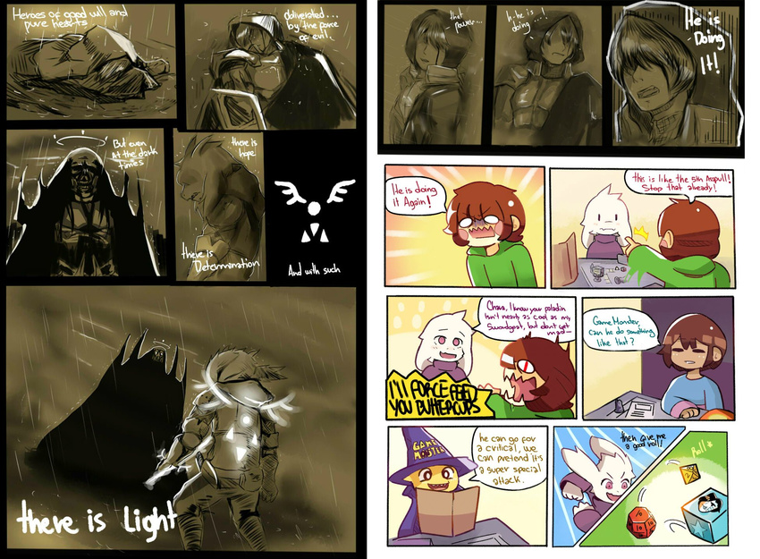 2others androgynous armor asriel_dreemurr blood board_game brown_hair caribun chara_(undertale) cloak comic death dice dungeons_and_dragons energy_sword english frisk_(undertale) gm_screen halo hat highres injury jpeg_artifacts mettaton mettaton_ex monster monster_boy monster_kid_(undertale) multiple_boys multiple_others pointing purple_eyes rain red_eyes shield shirt spoilers striped striped_shirt sword undertale weapon wet wet_clothes wet_hair what_if wings wizard_hat