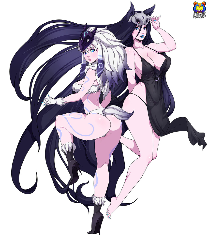 2girls areola_slip areolae ass black_hair blue_eyes breasts cleavage curvy erect_nipples genderswap high_heels kindred kyoffie12 lamb_(league_of_legends) large_breasts league_of_legends long_hair looking_at_viewer markings mask mask_on_head multiple_girls nail_polish personification see-through silver_hair thong toenail_polish very_long_hair wolf_(league_of_legends)