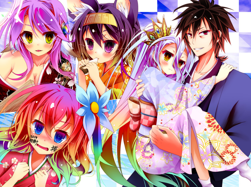 1boy 4girls animal_ear_fluff animal_ears blue_eyes blue_hair blush breasts brown_hair cleavage closed_mouth commentary_request cross crown eating flower fox_ears gradient_hair grin hair_between_eyes hair_flower hair_ornament hairband halo hatsuse_izuna highres japanese_clothes jibril_(no_game_no_life) kimono large_breasts long_hair looking_at_viewer magic_circle messy_hair mimi0846 multicolored_hair multiple_girls no_game_no_life open_mouth pink_hair purple_eyes purple_hair red_eyes red_hair shiro_(no_game_no_life) short_hair slit_pupils smile sora_(no_game_no_life) spiked_hair stephanie_dora symbol-shaped_pupils very_long_hair wing_ears yellow_eyes
