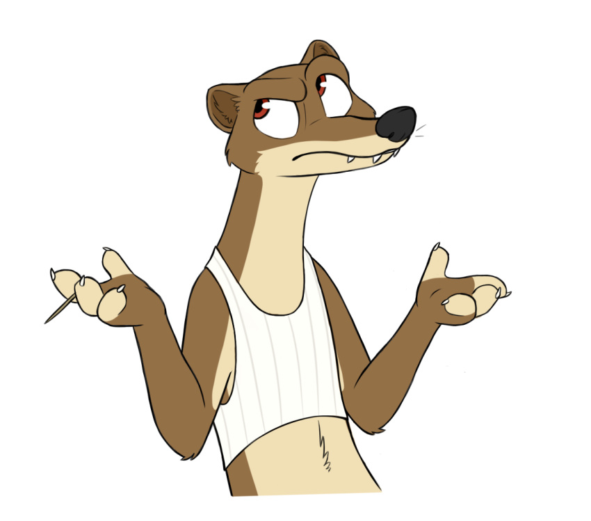 2019 anthro black_nose brown_fur claws clothed clothing disney duke_weaselton fangs fur male mammal mustelid red_eyes shirt simple_background skunkbutt_(artist) solo tank_top toothpick weasel white_background zootopia