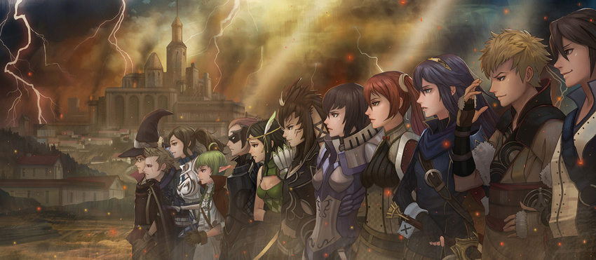 6+boys 6+girls animal_ears armor azur_(fire_emblem) breastplate breasts bredy_(fire_emblem) castle chambray circlet city cleavage cleavage_cutout cloud cloudy_sky cynthia_(fire_emblem) degel domino_mask embers eudes_(fire_emblem) everyone fire_emblem fire_emblem:_kakusei jerome_(fire_emblem) laurent lightning lucina mask multiple_boys multiple_girls nintendo nn_(fire_emblem) noire_(fire_emblem) scar selena_(fire_emblem) side-by-side sky smoke sunlight sword tiara twintails wizard_hat yagaminoue