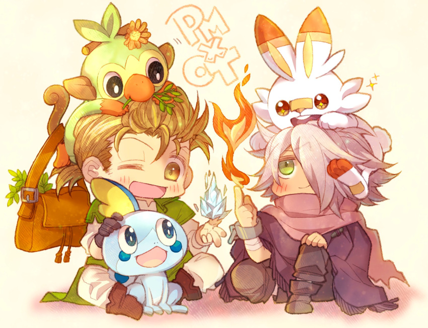 alfyn_(octopath_traveler) blonde_hair blush bracelet brown_eyes chibi cloak creature creatures_(company) game_freak gen_8_pokemon gloves grookey hair_over_one_eye hairband happy highres jewelry long_hair nintendo octopath_traveler one_eye_closed open_mouth pokemon pokemon_(creature) pokemon_(game) pokemon_swsh pomme_oct ponytail scarf scorbunny short_hair simple_background smile sobble super_smash_bros. super_smash_bros._ultimate therion_(octopath_traveler) white_hair