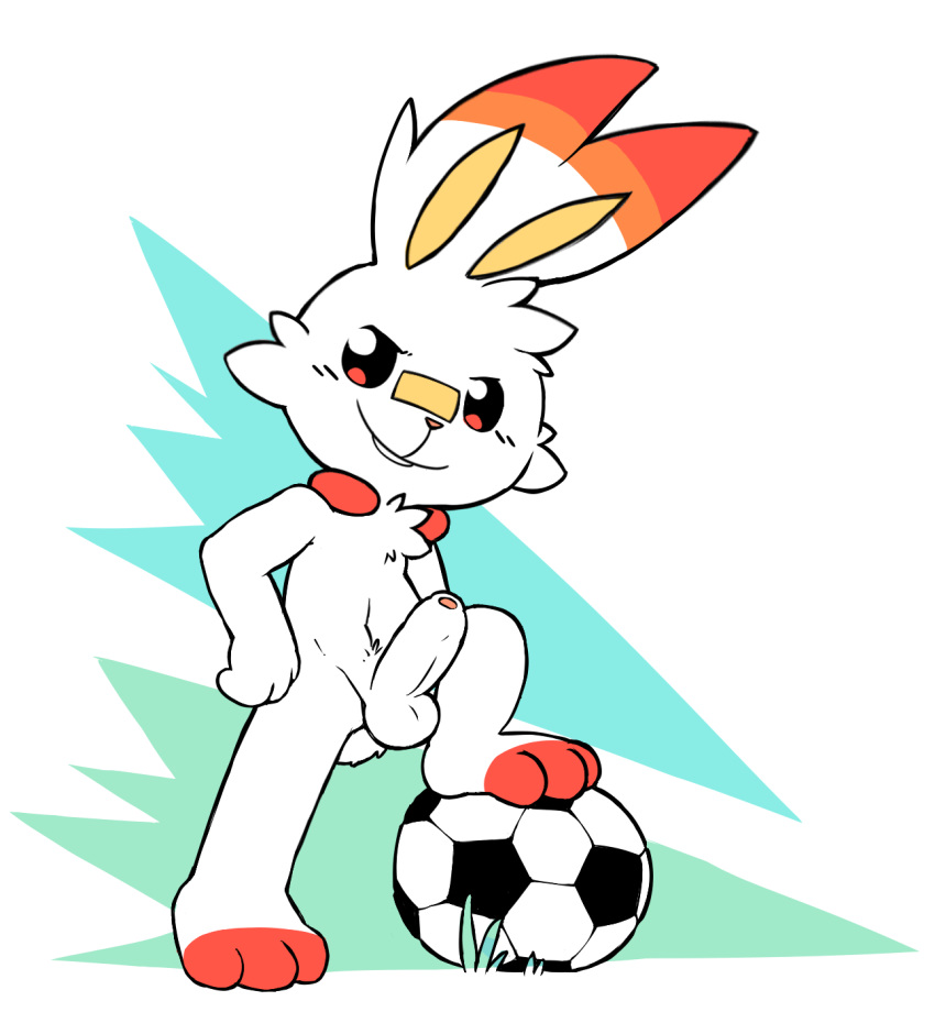abstract_background anthro ball balls buckteeth erection foreskin fur grass hands_on_hip lagomorph looking_at_viewer male mammal nintendo nude oob penis plaster pok&eacute;mon pok&eacute;mon_(species) pose pubes scorbunny smile soccer_ball solo standing teeth uncut video_games