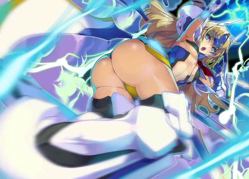 :o akaga_hirotaka anus_peek arm_up armor armpits ass bangs blazblue blonde_hair blue_eyes blurry breasts c-string center_opening chestnut_mouth dutch_angle elbow_gloves electricity floating_hair forehead_protector from_below gloves glowing greaves huge_ass long_hair mecha_musume mechanical_wings motion_blur mu-12 navel neon_trim official_art open_mouth parted_bangs robot_ears small_breasts smoke solo thighhighs thong underboob very_long_hair weapon wings