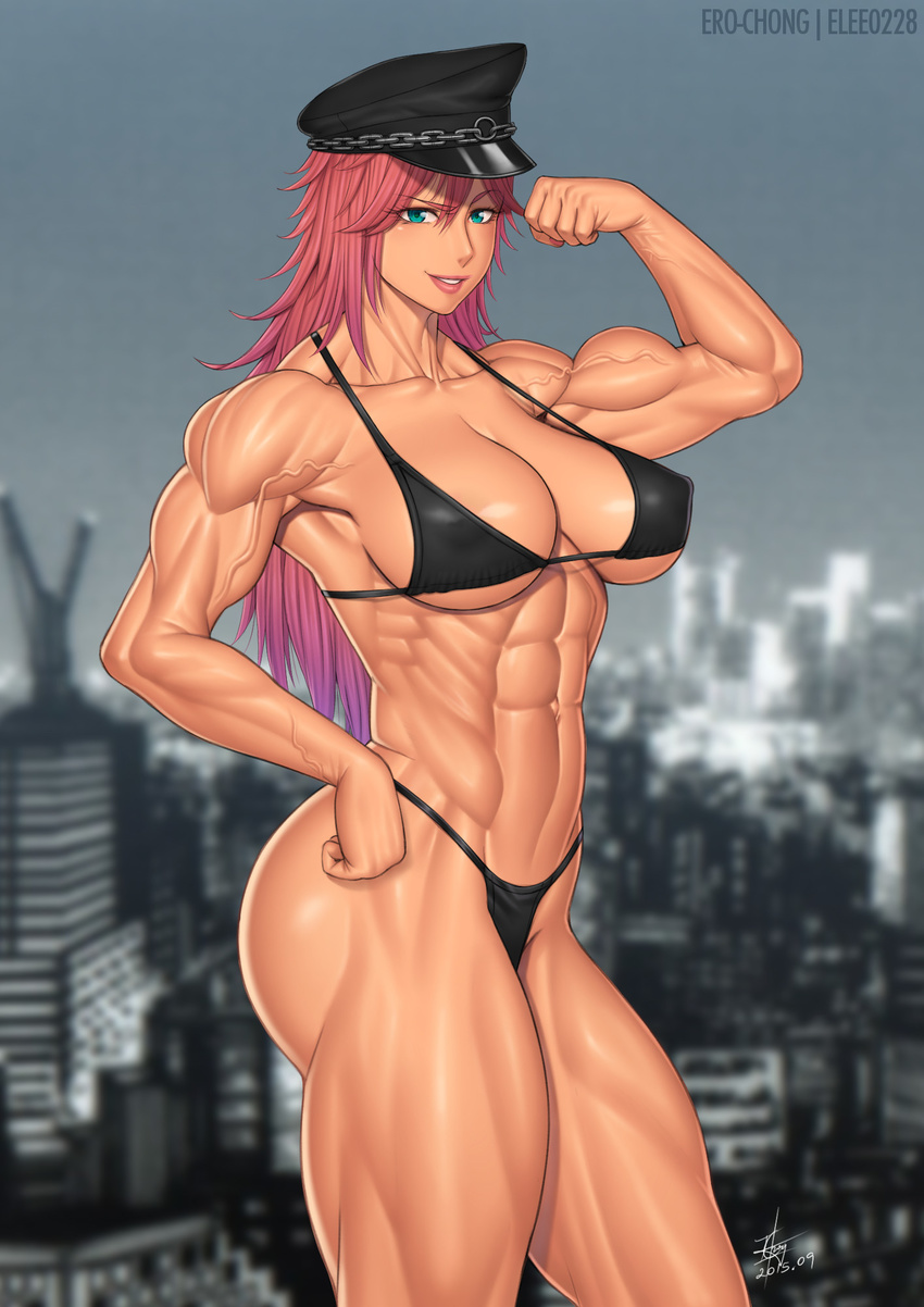 1girl abs biceps bikini blue_eyes breasts cleavage elee0228 ero-chong female final_fight flexing large_breasts long_hair muscle peaked_cap pink_hair poison_(final_fight) pose solo street_fighter swimsuit thong veins