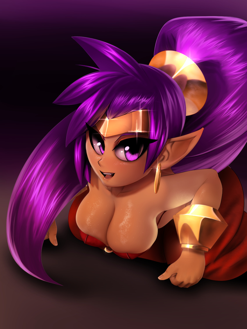 1girl bracelet breasts dark_skin earrings jewelry long_hair plantpenetrator pointy_ears ponytail purple_eyes purple_hair shantae shantae_(character) solo tiara upper_body very_long_hair