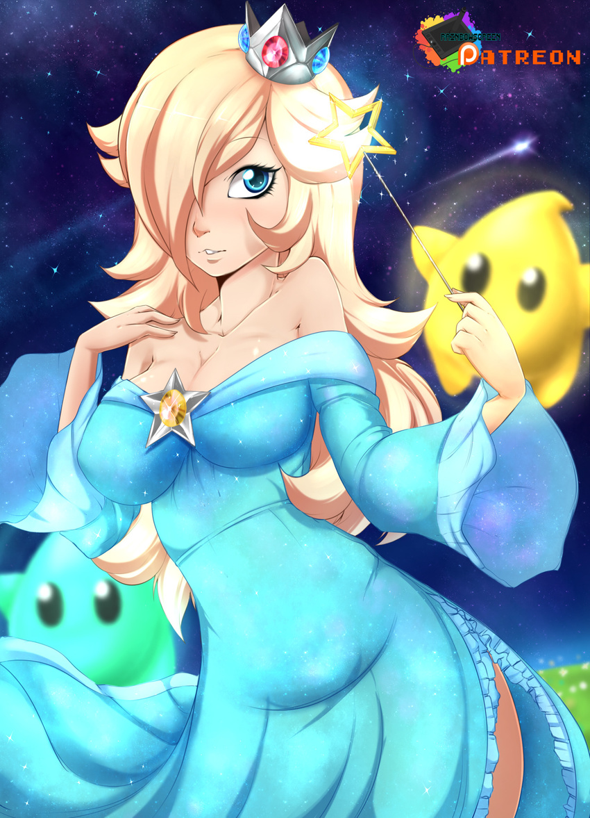 1girl blonde_hair blue_eyes crown hair_over_one_eye long_hair looking_at_viewer luma nintendo rainbowscreen rosetta_(mario) super_mario_bros. super_mario_galaxy wand