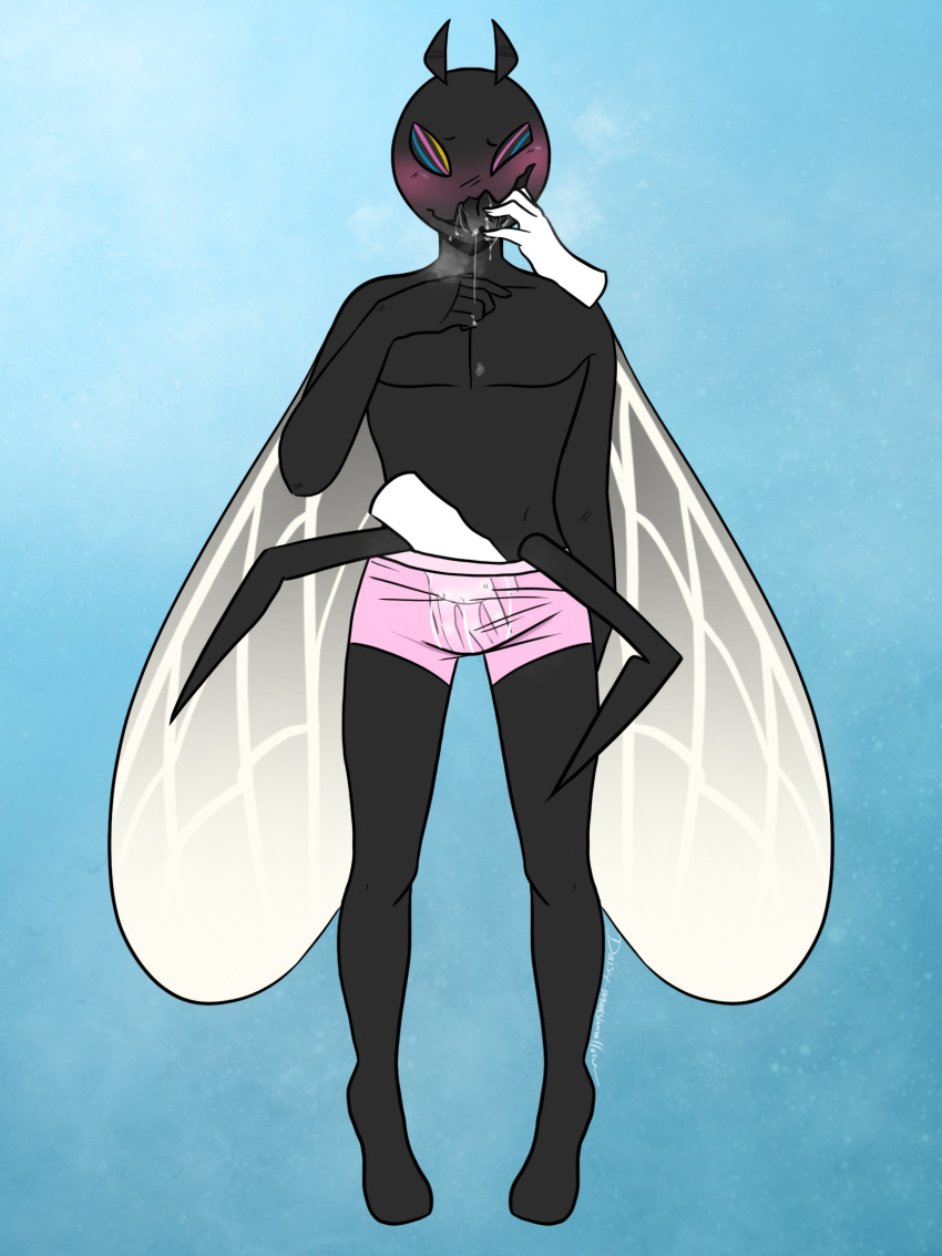 2019 arthropod blush clothing daisy-marshmallow disembodied_hand drooling finger_in_mouth fly insect looking_at_viewer male saliva simple_background solo standing tongue underwear wings