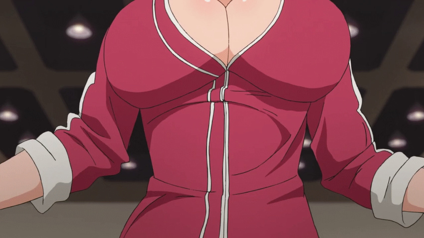 animated animated_gif blush bounce bouncing_breasts breasts cleavage huge_breasts jump_rope jumping kaneko_hiraku maken-ki! no_bra ponytail red_hair red_outfit rokujou_minori sportswear track_suit