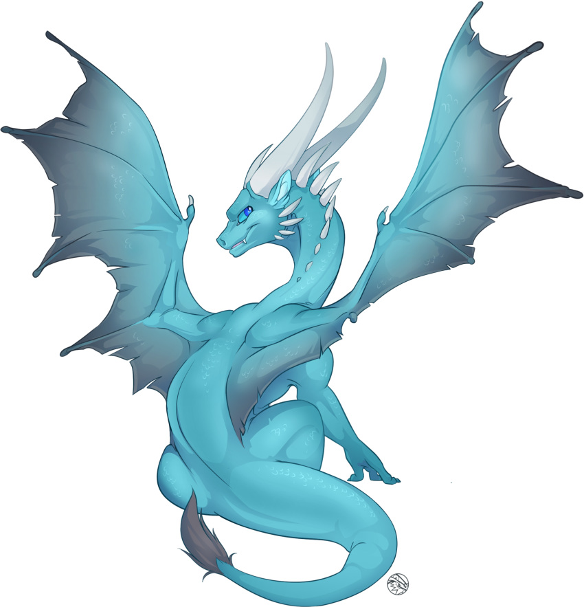 blue_dragon blue_eyes dragon feardakez invalid_tag open_wings rear_view tail_fluff