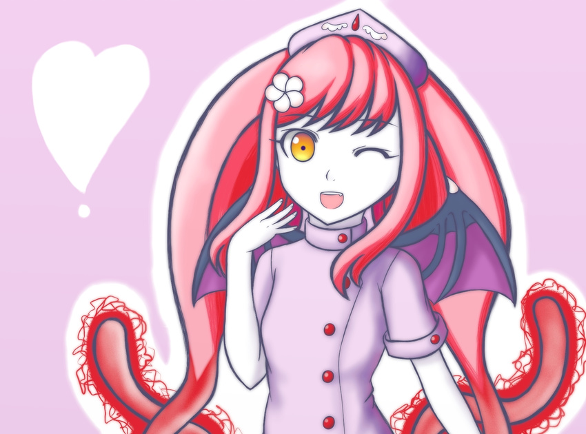 bat_wings ebola-chan flower heart nurse pink_hair wings