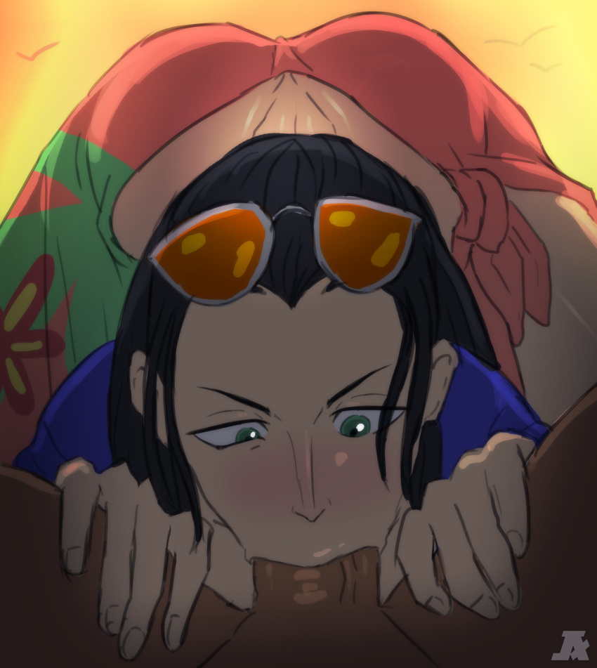 1boy 1girl ass bird black_hair blue_shirt blush deepthroat dimples_of_venus erection fellatio fingernails fingers floral_print flower glasses glasses_on_head green_eyes hair_slicked_back long_hair looking_down lowleg nico_robin no_panties one_piece open_clothes open_shirt oral outdoors penis pink_skirt revealing_clothes sarong shirt short_sleeves side_slit skirt sky solo_focus sunglasses_on_head top-down_bottom-up veins veiny_penis