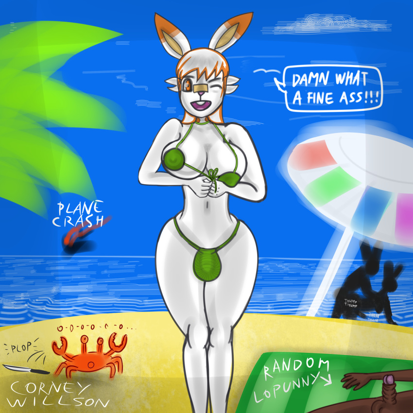 anal anthro arthropod balls beach bikini clothing corney crab crustacean dickgirl intersex knife lagomorph lopunny lying male mammal marine nintendo one_eye_closed penis pok&eacute;mon pok&eacute;mon_(species) scorbunny seaside sex smile swimsuit video_games wink