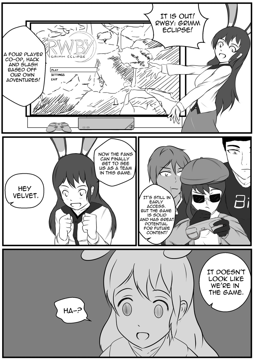 2girls absurdres aikiyun animal_ears beret bunny_ears coco_adel comic controller dark_skin english fox_alistair game_console greyscale hat highres meta monochrome multiple_boys multiple_girls playing_games raised_eyebrow rwby smile sunglasses velvet_scarlatina video_game yatsuhashi_daichi