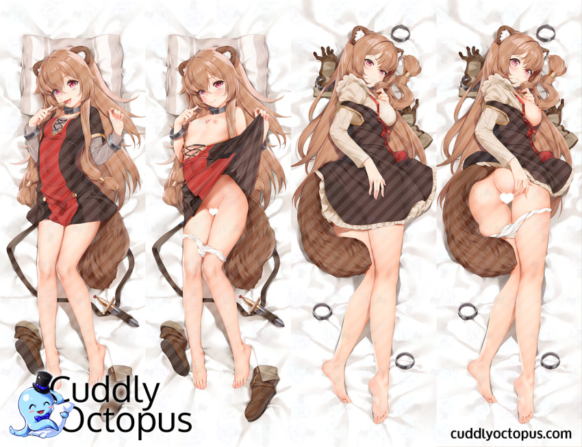 1girl :d animal_ears ass bare_legs barefoot blush boots_removed breasts breasts_outside brown_hair censored collar commentary_request covered_navel cuddly_octopus dagger dakimakura dress dress_lift dress_pull full_body gloves gloves_removed hair_between_eyes hair_tubes hand_on_own_ass heart heart_censor juliet_sleeves kyuri_tizu large_breasts lifted_by_self long_hair long_sleeves looking_at_viewer lying multiple_views nipples on_back on_stomach open_mouth panties panty_pull pink_eyes pout puffy_sleeves raccoon_ears raccoon_tail raphtalia small_breasts smile tail tate_no_yuusha_no_nariagari underwear very_long_hair weapon white_panties