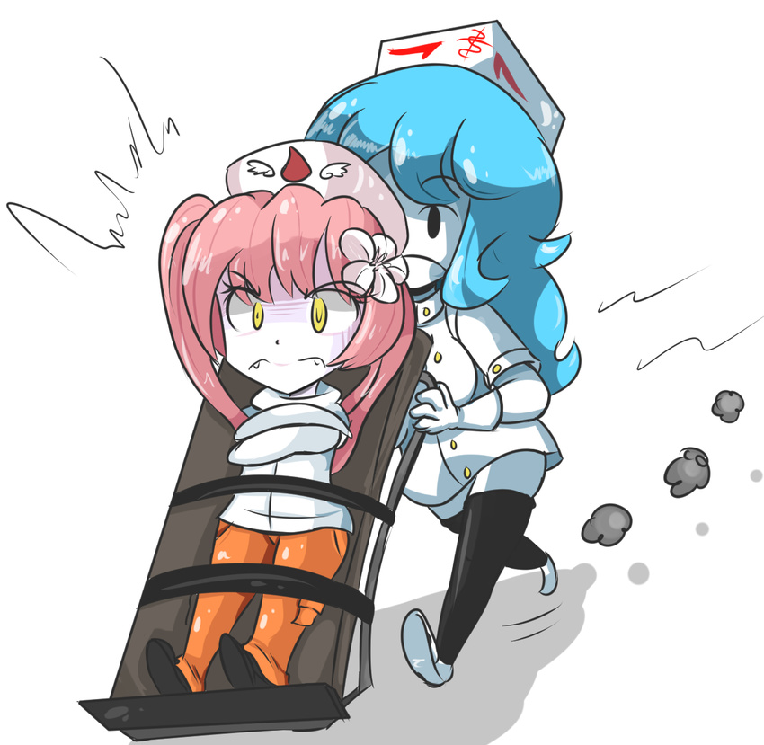 blue_hair cure-chan ebola-chan flower hat nurse nurse_cap pink_hair rolling_away straight_jacket straitjacket