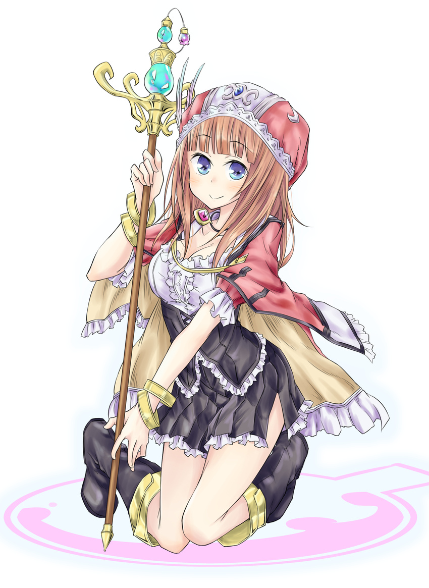 alt atelier_(series) atelier_rorona blue_eyes boots bracelet breasts brown_hair cape cleavage corset hat highres jewelry knee_boots kneeling long_hair medium_breasts necklace rororina_fryxell shirt skirt smile solo staff