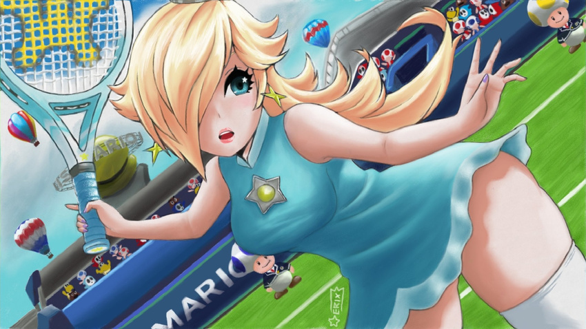 awesomeerix blonde_hair blue_eyes breasts jewelry mario_tennis mario_tennis:_ultra_smash nail_polish nintendo open_mouth racket rosetta_(mario) skirt super_mario_bros. tennis_racket tennis_uniform