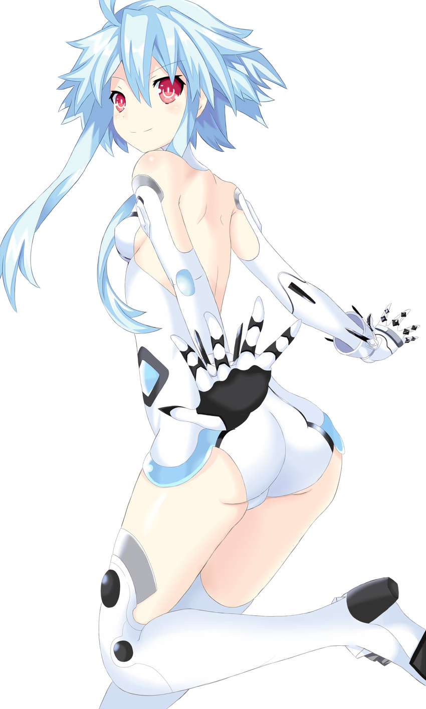 1girl absurdres ahoge ass back backless_outfit bare_shoulders blanc blue_hair blush bodysuit boots breasts cameltoe choujigen_game_neptune compile_heart elbow_gloves from_behind gloves highres idea_factory looking_at_viewer looking_back neptune_(series) power_symbol ramu-on@_shinon red_eyes shiny shiny_clothes shiny_skin short_hair_with_long_locks sideboob sidelocks smile solo symbol-shaped_pupils thigh_boots transparent_background white_heart