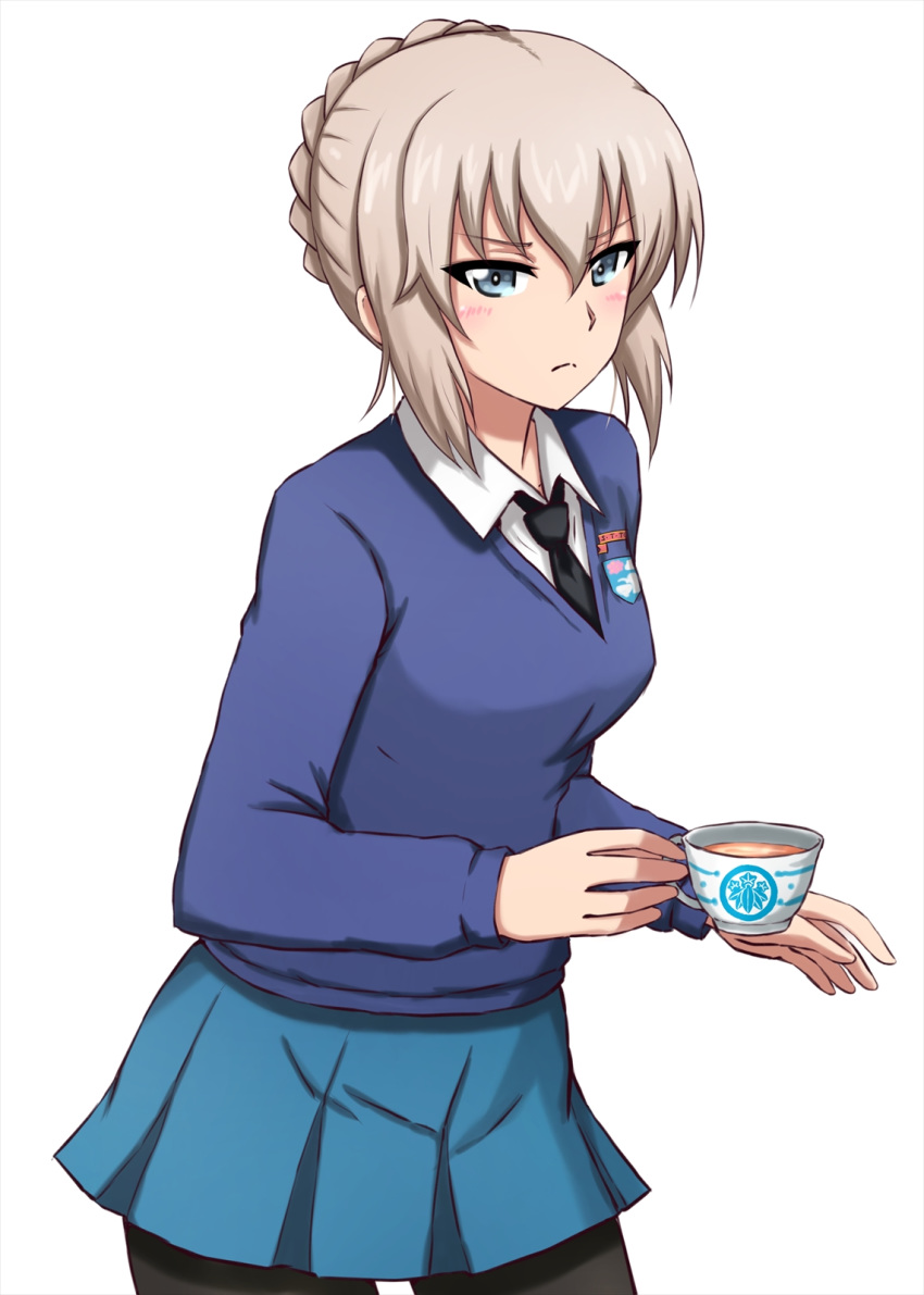 1girl alternate_hairstyle bangs black_legwear black_neckwear blue_skirt blue_sweater blush braid closed_mouth commentary cowboy_shot cup dress_shirt emblem eyebrows_visible_through_hair french_braid frown girls_und_panzer hair_up highres holding holding_cup itsumi_erika leaning_forward long_sleeves looking_at_viewer miniskirt necktie omachi_(slabco) pantyhose pleated_skirt school_uniform shirt short_hair simple_background skirt solo st._gloriana's_(emblem) st._gloriana's_school_uniform standing sweater tea teacup v-neck white_background white_shirt wing_collar