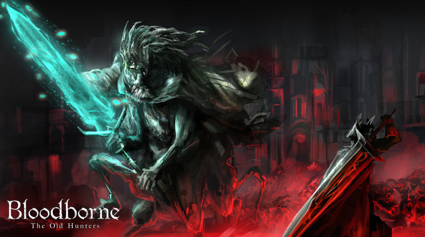 battle bloodborne from_software glowing glowing_weapon huge_sword huge_weapon hunter_(bloodborne) logo ludwig_the_holy_blade mobius monster sword weapon