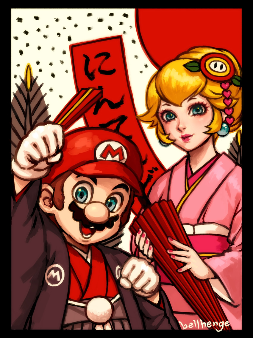 1girl bellhenge big_nose fire_flower hanafuda japanese_clothes looking_at_viewer mario mario_(series) mustache nail_polish nintendo princess_peach super_mario_bros.