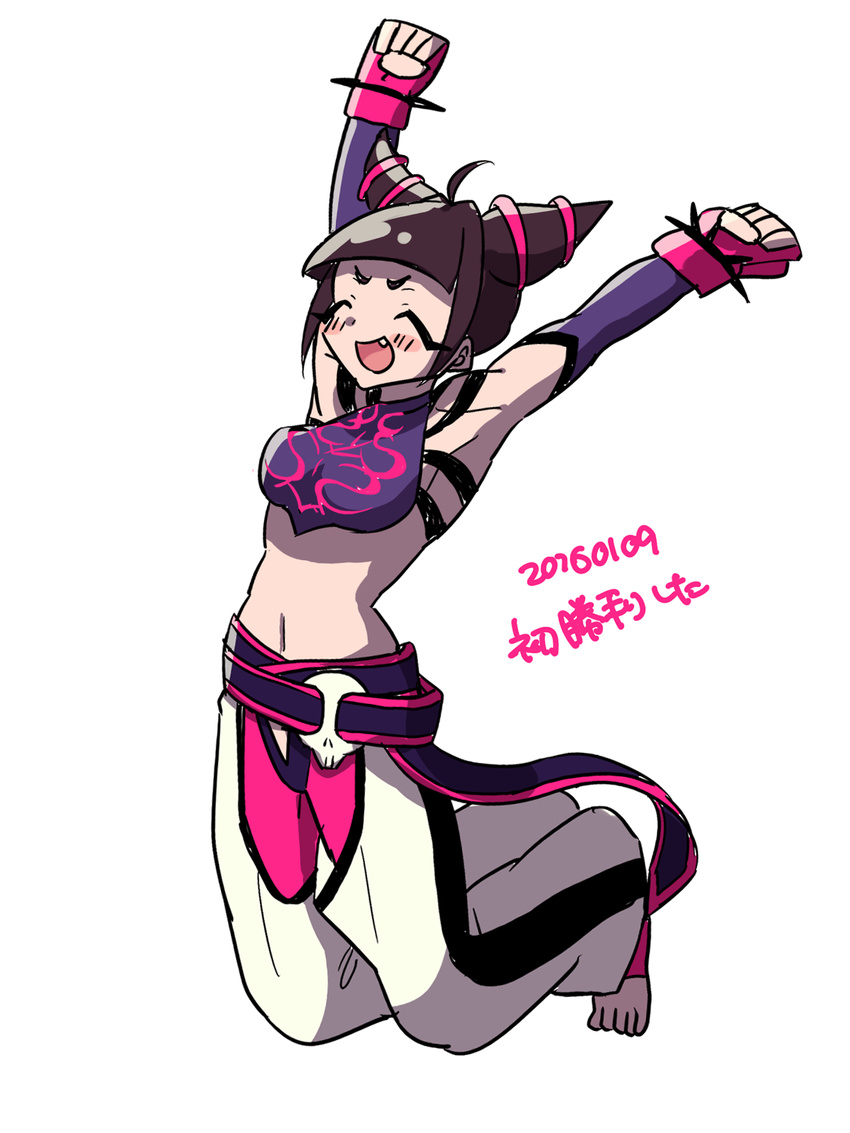 1girl barefoot belt black_hair bracelet breasts detached_sleeves eyes_closed fang feet female fingerless_gloves gloves han_juri jewelry large_breasts multiple_belts pantyhose pink_legwear short_twintails solo spiked_bracelet spikes street_fighter street_fighter_iv super_street_fighter_iv toes twintails