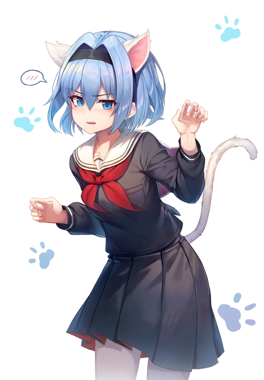 1girl animal_ears bangs black_hairband black_serafuku black_shirt black_skirt blue_eyes blue_hair blush cat_ears cat_girl cat_tail commentary_request eyebrows_visible_through_hair fingernails hair_between_eyes hair_intakes hairband hand_up highres kemonomimi_mode long_hair long_sleeves looking_at_viewer neckerchief parted_lips pleated_skirt red_neckwear ryuuou_no_oshigoto! sailor_collar school_uniform serafuku shirt sidelocks simple_background skirt solo sora_ginko spoken_blush sugar_(dndi888) tail white_background white_sailor_collar