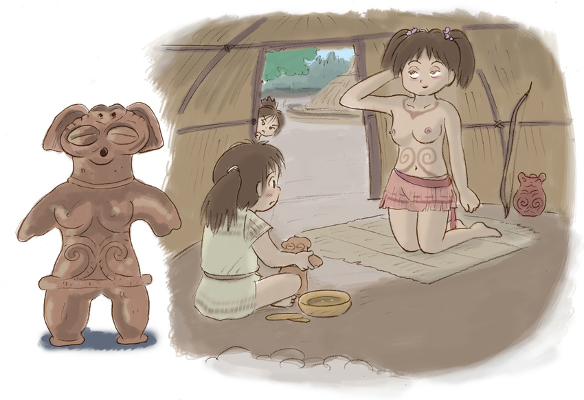 bow_(weapon) breasts brown_hair doguu ittousai jomon_period topless weapon