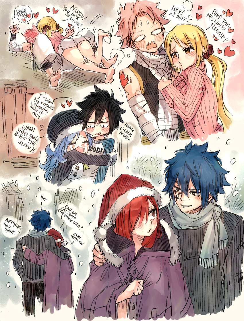 3boys 3girls bandage barefoot black_hair blonde_hair blue_hair blush christmas_hat curtains english english_text erza_scarlet eyebrows eyelashes eyes_closed fairy_tail feet forehead gray_fullbuster hair_over_one_eye hair_ties heart juvia_lockser juvia_loxar knees legs long_hair lucy_heartfilia multiple_boys multiple_girls natsu_dragneel open_mouth pink_hair rboz red_hair rusky scarf short_hair snow snowing sweat tattoo tears text twintails