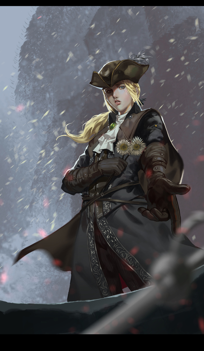 baka_(mh6516620) blonde_hair bloodborne blue_eyes blurry coat cowboy_shot cravat depth_of_field flower gloves hat hat_feather highres jewelry lady_maria_of_the_astral_clocktower pants pendant ponytail snow solo tears the_old_hunters tricorne