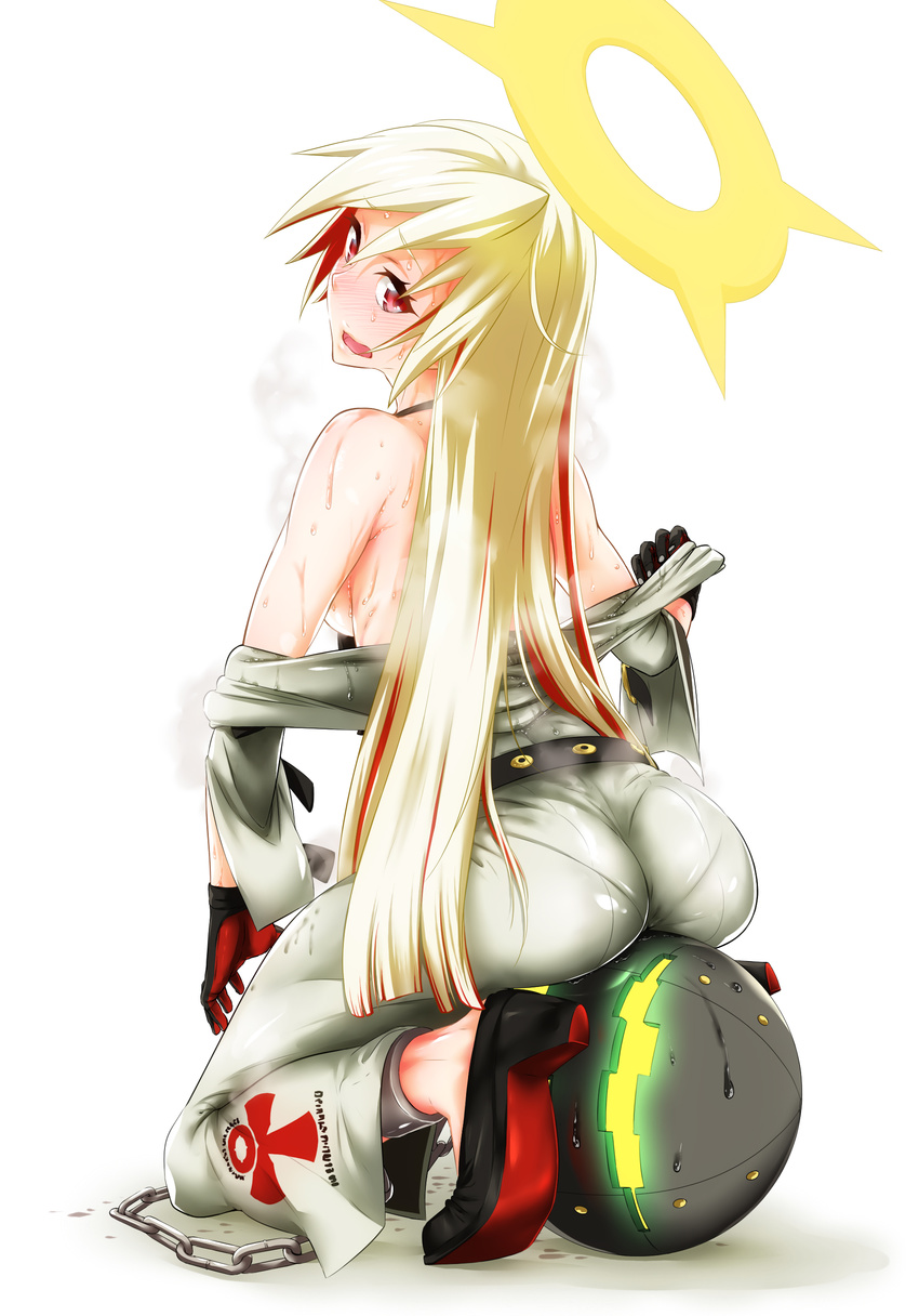 absurdres ass bare_shoulders black_gloves blonde_hair blush commentary_request full_body gloves guilty_gear guilty_gear_xrd halo highres jack-o'_valentine long_hair multicolored_hair off_shoulder open_mouth pantylines red_eyes red_hair sitting solo steam steaming_body sweat two-tone_hair un undressing