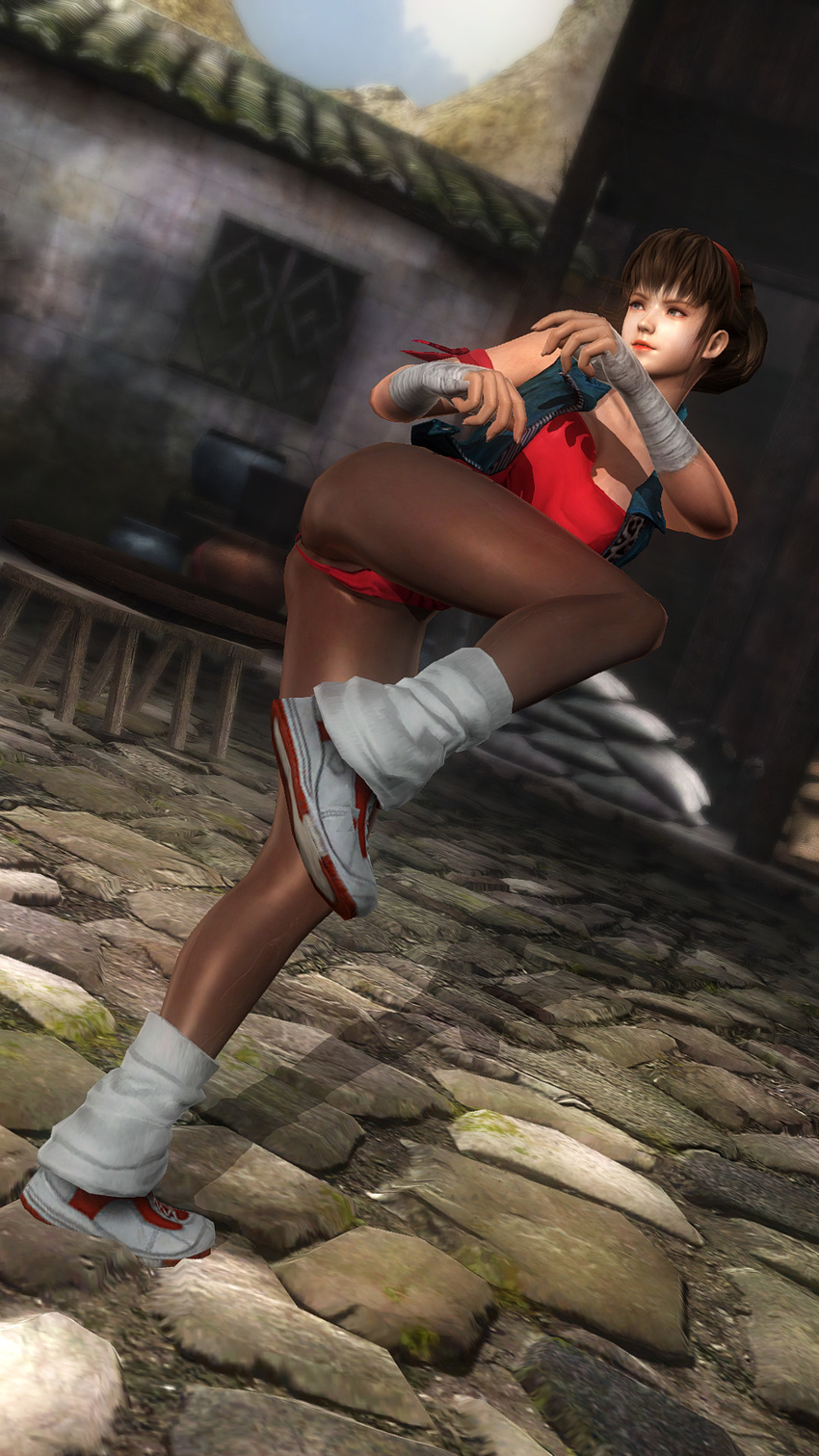 3d ass breakers brown_hair cosplay dead_or_alive dead_or_alive_5 female fighting_stance full_body hitomi_(doa) huchi001 jacket leg_up leg_warmers leotard loose_socks outdoors pantyhose ponytail pose sky socks solo tia_langray wrist_wraps