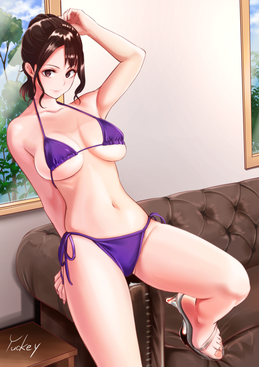 1girl arm_up artist_name bare_arms bare_legs bare_shoulders bikini breasts brown_eyes brown_hair closed_mouth collarbone commentary_request couch hand_in_hair high_heels highres indoors large_breasts long_hair looking_at_viewer navel original purple_bikini shiny shiny_skin side-tie_bikini sitting solo stomach swimsuit table thighs white_footwear window yuckey