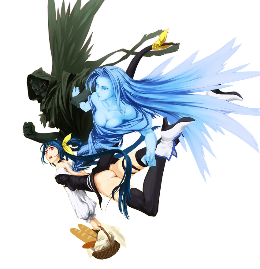 1girl anger_vein arc_system_works ass back backless_outfit basket black_legwear blue_hair boots breasts dizzy flying guilty_gear hair_ribbon long_hair looking_back looking_up necro_(guilty_gear) open_mouth red_eyes ribbon shiny shiny_skin sideboob simple_background skirt skull tail tail_ribbon thighhighs un undine_(guilty_gear) wings