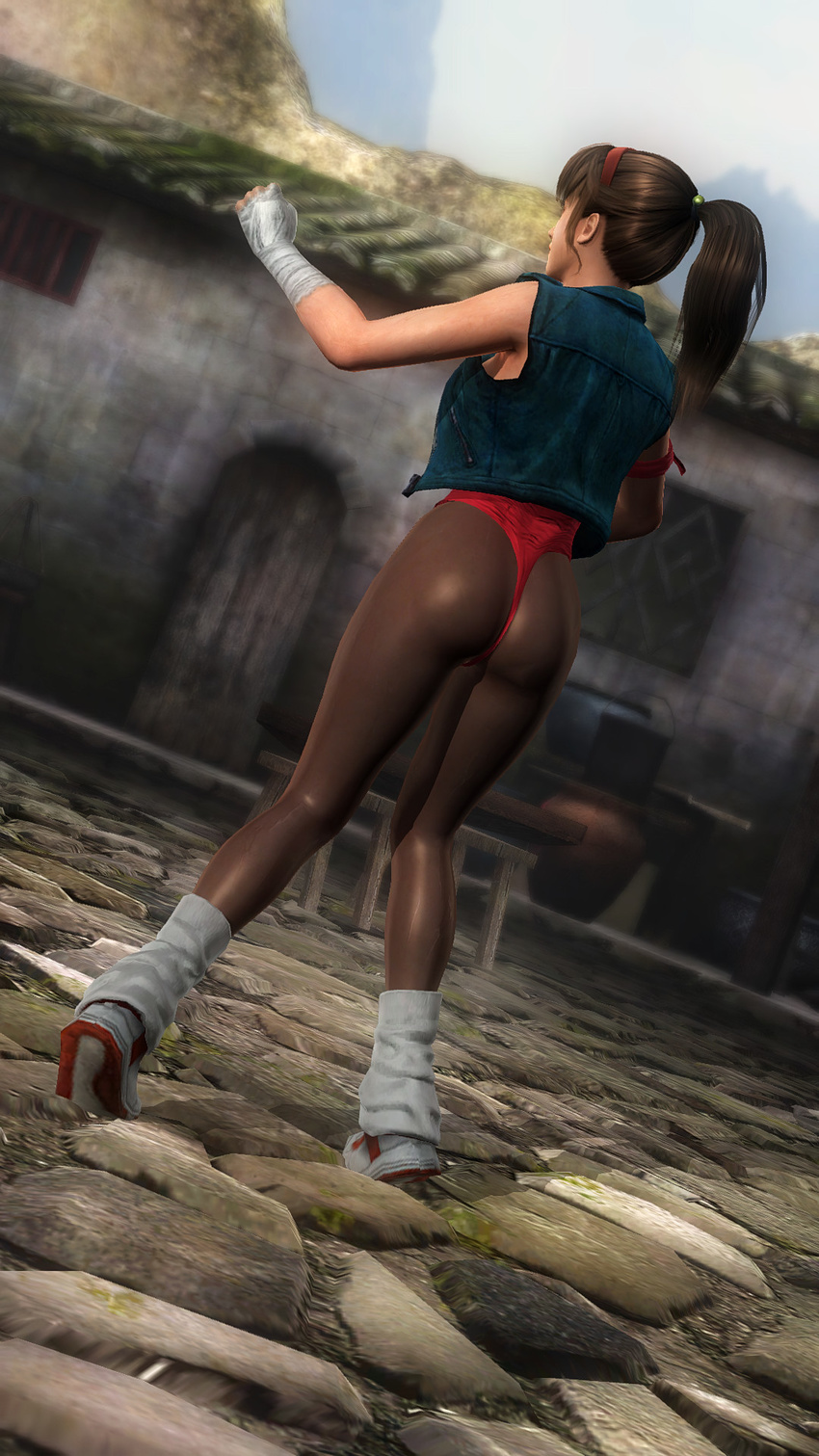 3d ass breakers brown_hair cosplay dead_or_alive dead_or_alive_5 female fighting_stance full_body hitomi_(doa) huchi001 jacket leg_up leg_warmers leotard loose_socks outdoors pantyhose ponytail pose sky socks solo tia_langray wrist_wraps