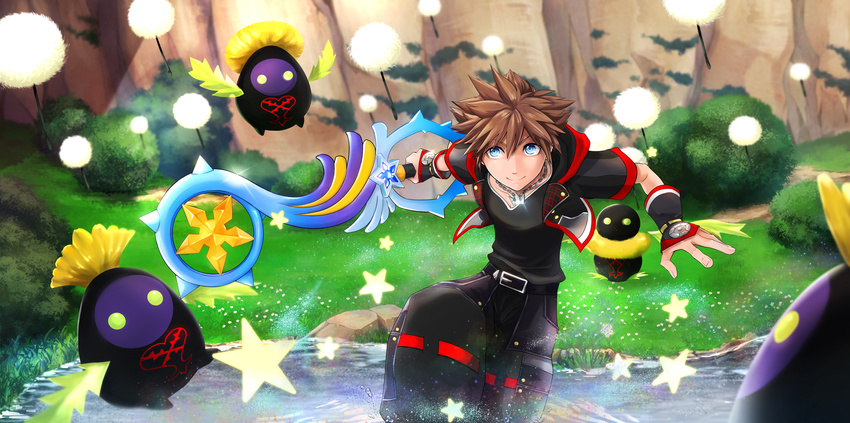 artist_request belt black_shirt blue12tt blue_eyes brown_hair grass heartless hood hoodie keyblade kingdom_hearts kingdom_hearts_iii looking_at_viewer monster necklace shirt smile sora_(kingdom_hearts) spiked_hair square_enix v-neck water weapon