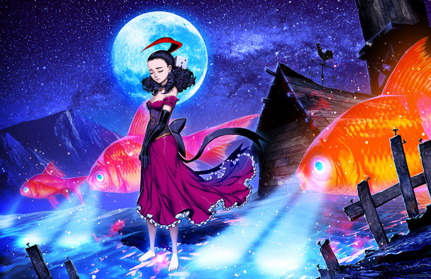bare_shoulders barefoot black_hair cabin choker corset cup curly_hair dice drill_hair eyes_closed feathers fish genzoman long_gloves moon night original rose_(the_wanderer) saloon_girl tagme the_wanderer twintails western